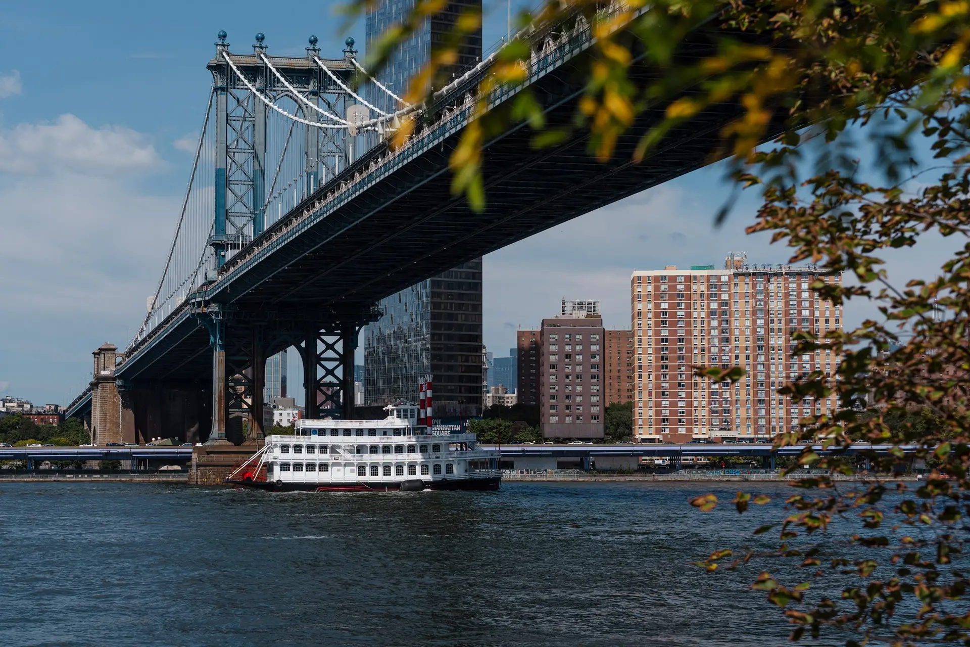 Landscape photo of a bridge, ferry boat, and city buildings captured with a deep depth of field, keeping both foreground leaves and distant background in sharp focus.