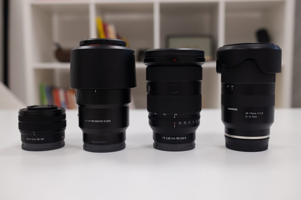 Photo of four different lenses for Sony mirroless camera