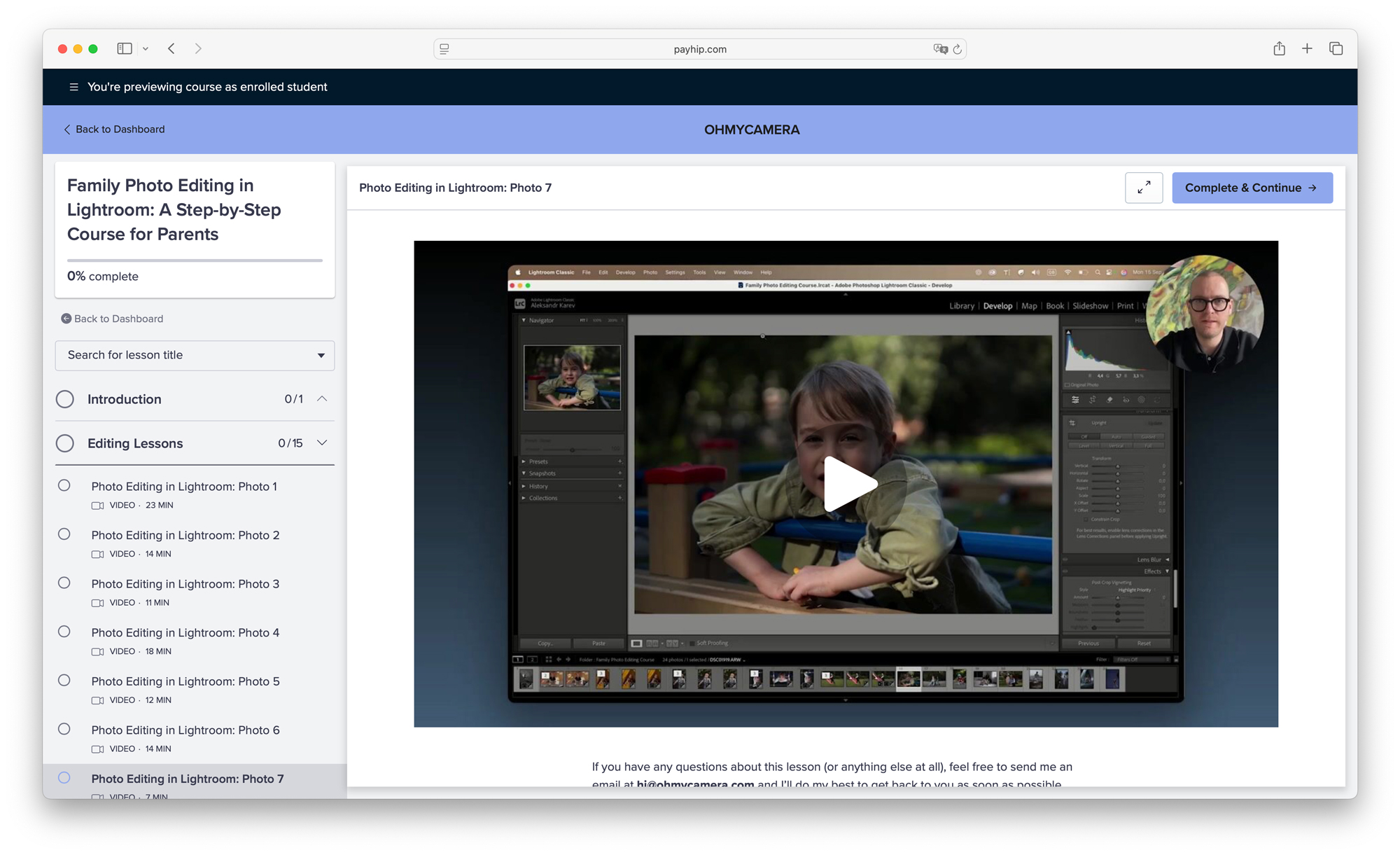 Online family photo editing course in Lightroom for parents – video lesson preview on Payhip platform