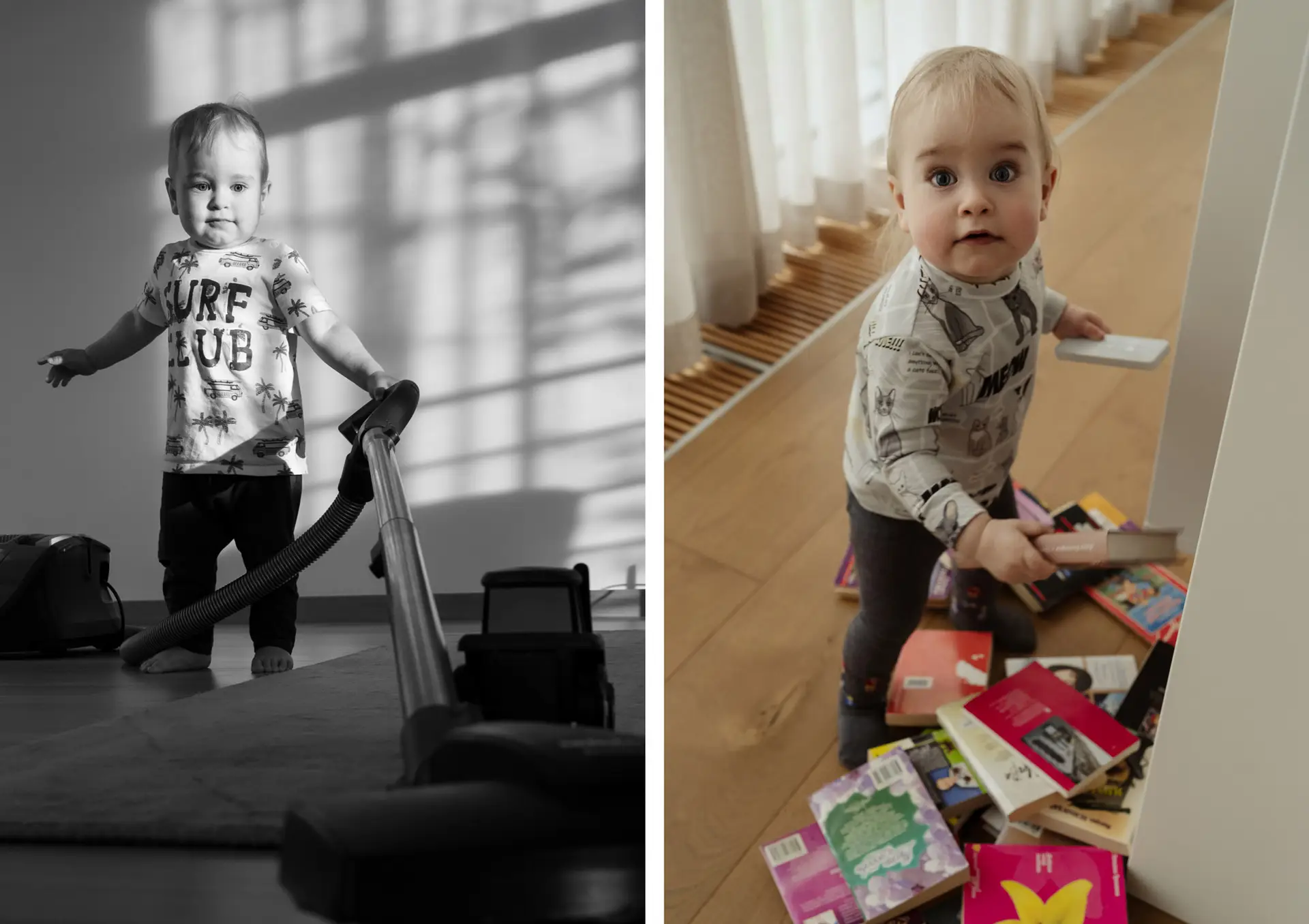 Little boy holding books on the floor during candid indoor family photography.