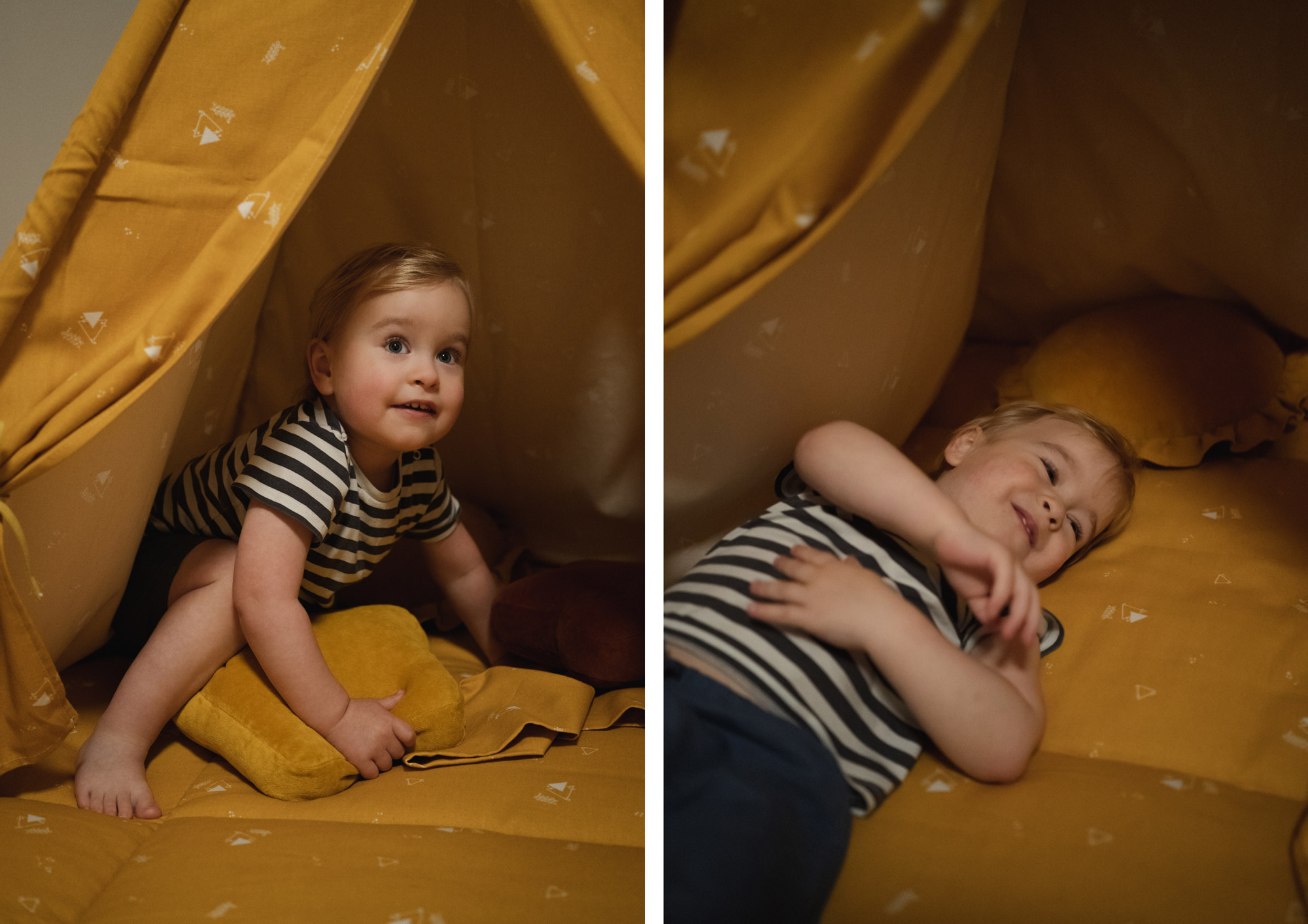 Child lying down in a yellow play tent at home, cozy indoor family photography with framing technique.